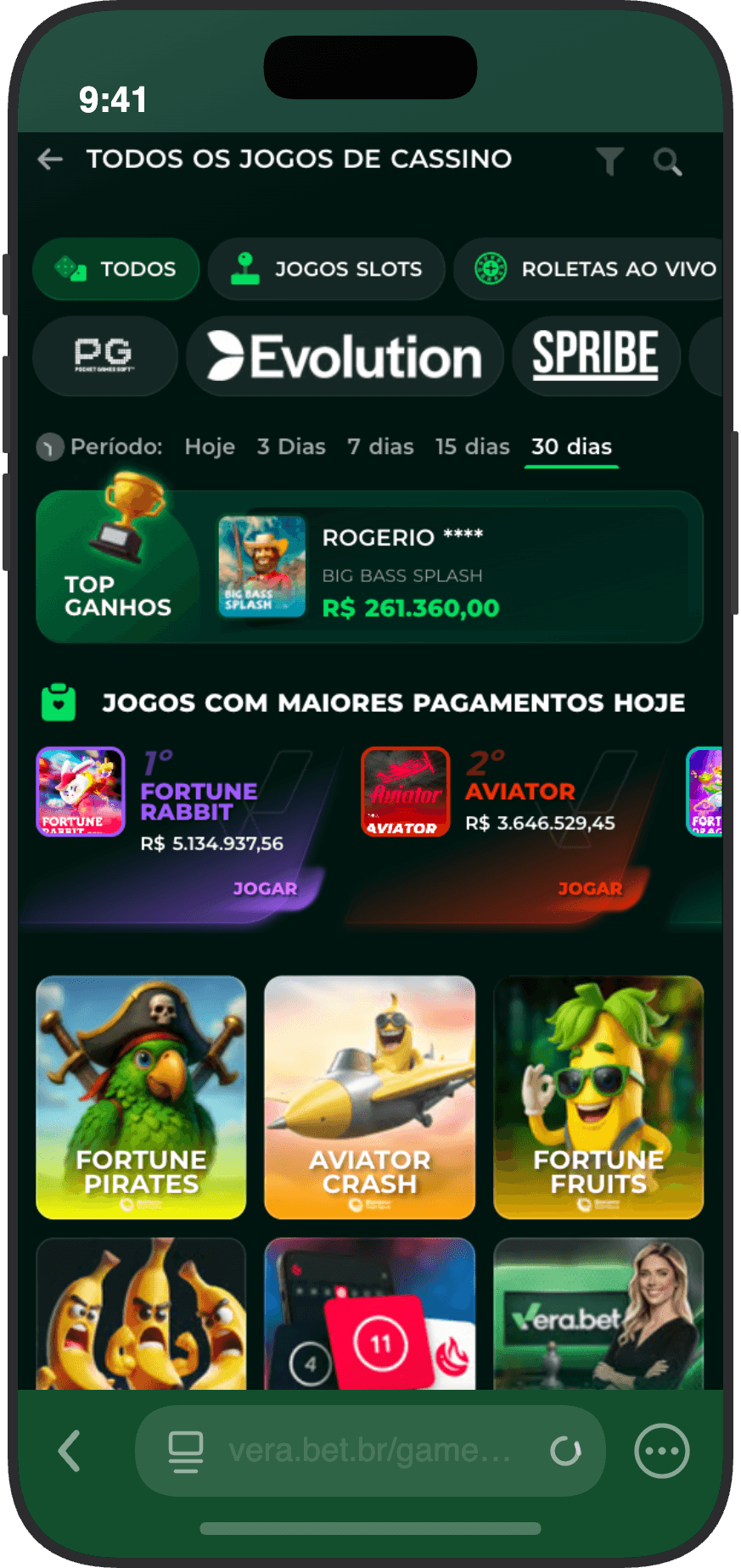 Catálogo de jogos de cassino da Vera.bet com filtros por provedor, ranking de top ganhos e slots populares