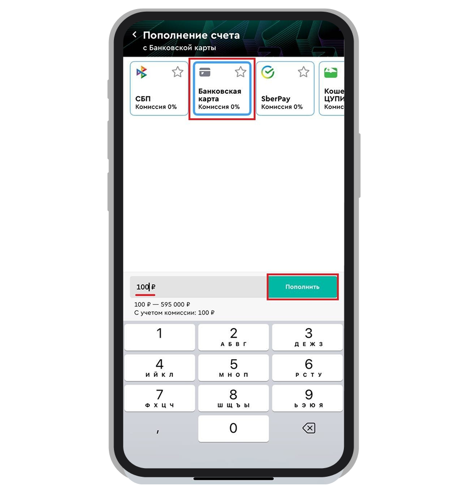 Выберите способ платежа и введите сумму