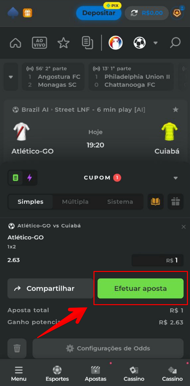 Insira o montante que deseja apostar e confirme a transação