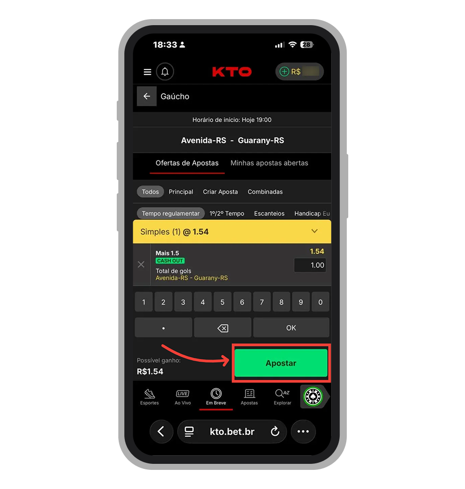 Toque no botão Apostar para confirmar a sua aposta 