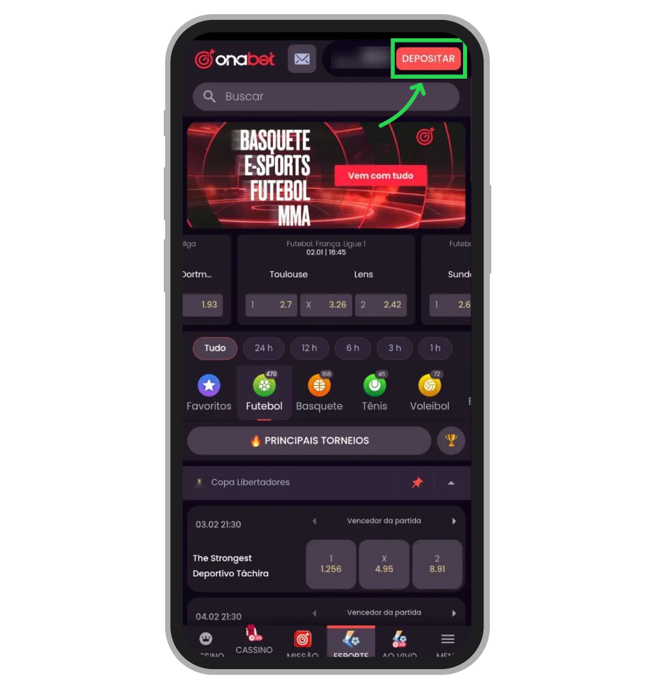 Toque no botão “Depositar”, que indica o ponto de acesso às opções de pagamento