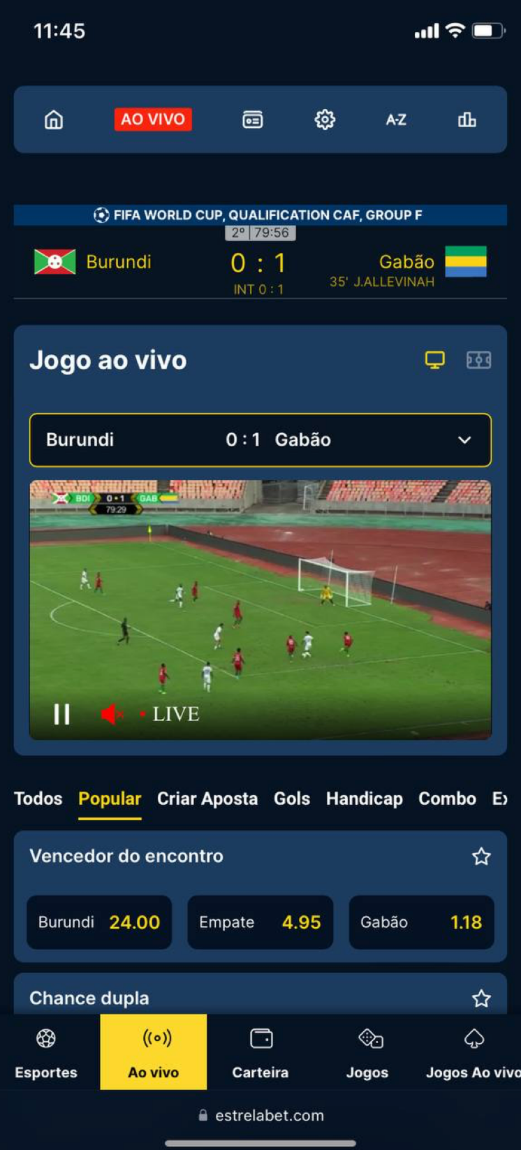 Transmissão ao vivo no site mobile da Estrela Bet. 