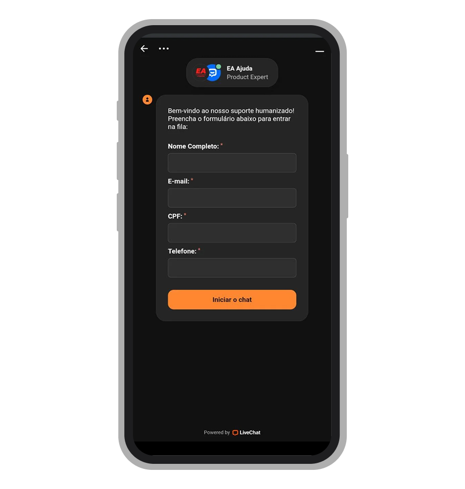 Tela inicial do suporte ao vivo da Esportiva.bet, onde o usuário deve preencher nome, e-mail, CPF e telefone 