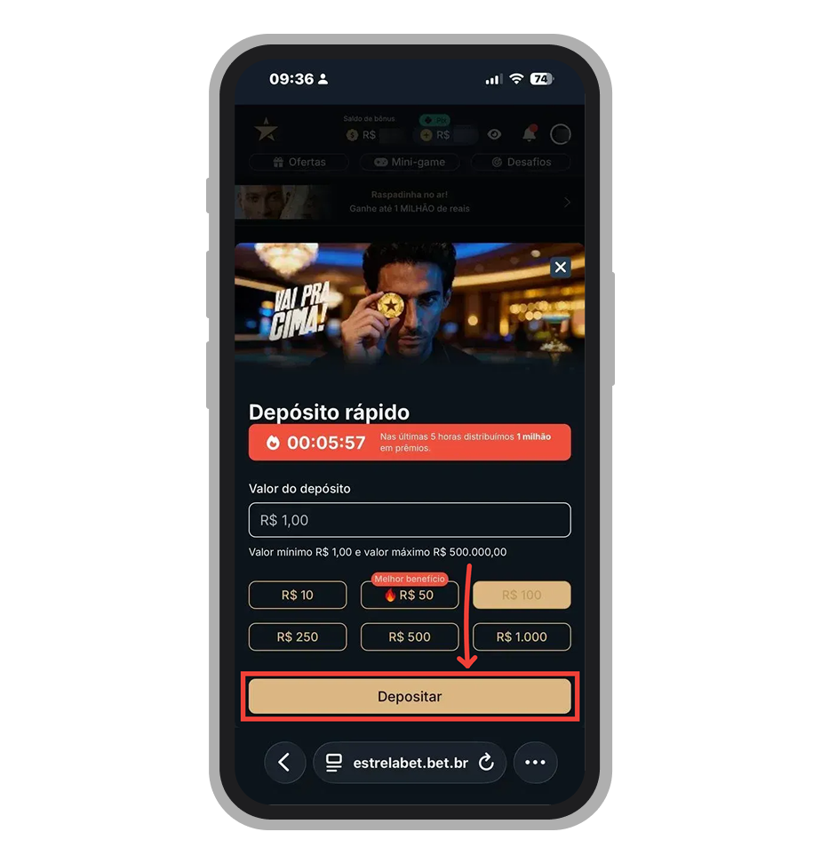 Campo para digitar valor e botão “Depositar”
