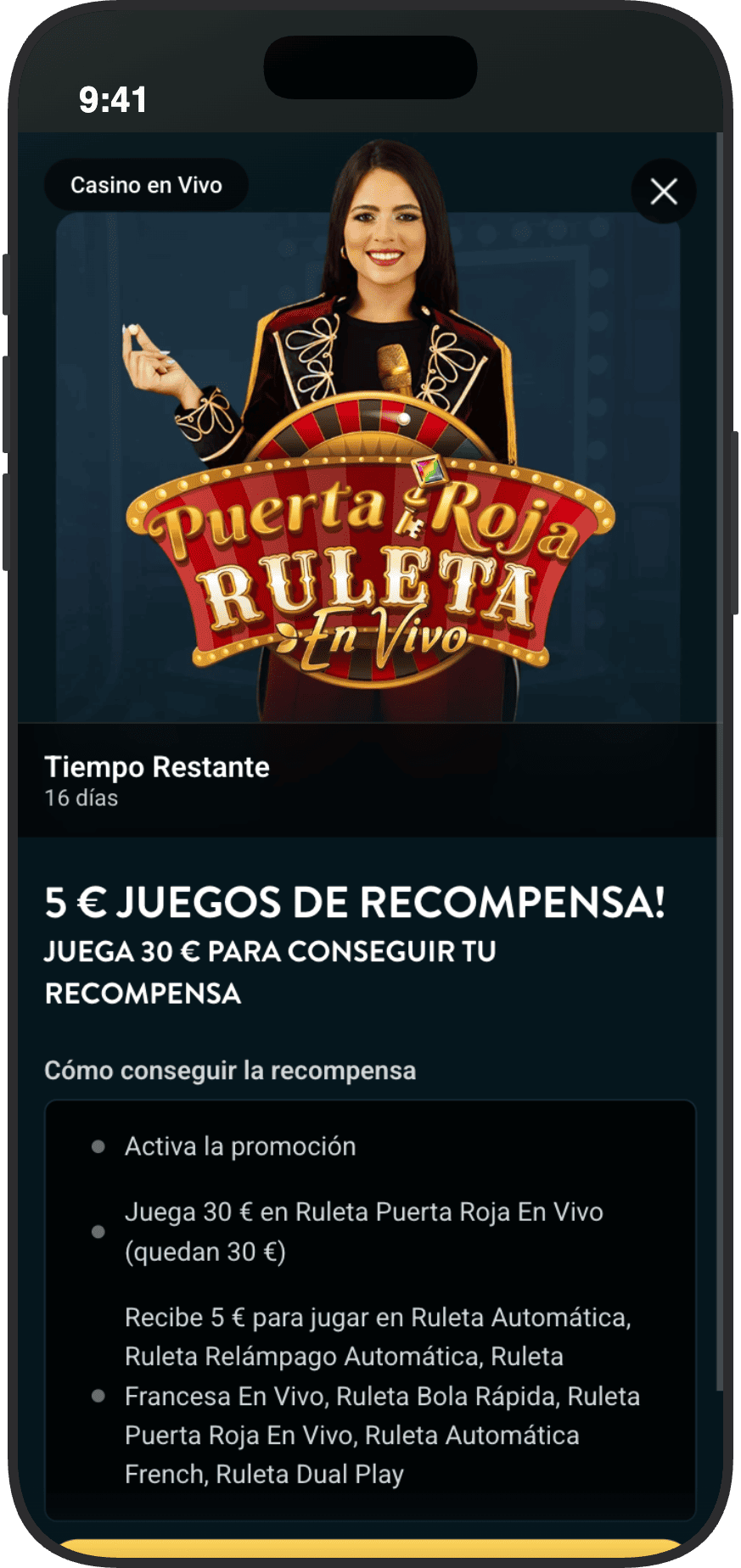 Promoción de 5€ en juegos de recompensa en Ruleta Puerta Roja En Vivo de Golden Bull: juega 30€ en casino en vivo y recibe crédito para ruletas Evolution