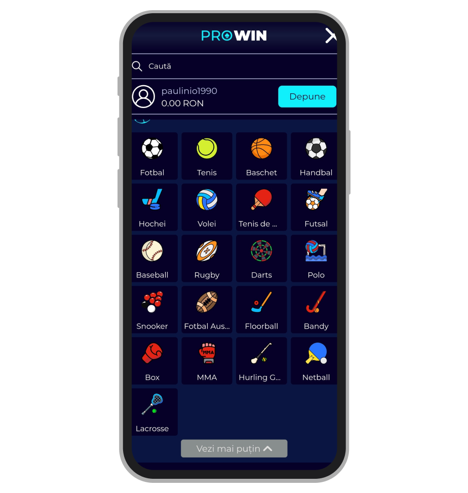 Meniu sporturi ProWin (versiune mobil)