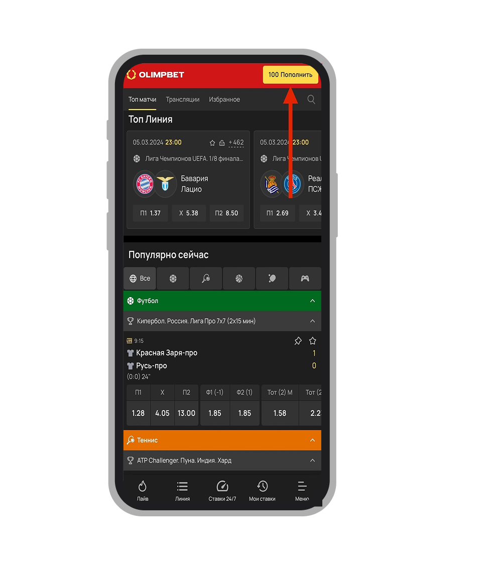 Вкладка «Пополнить баланс» в меню