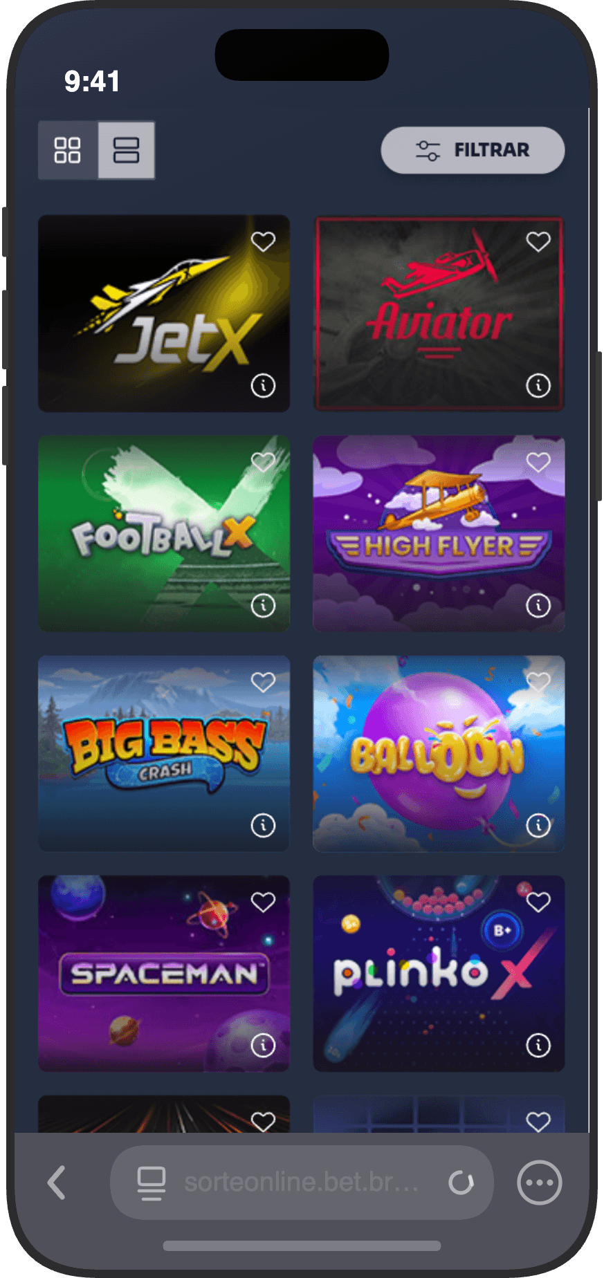 Seção de "Crash Games" do cassino Sorte Online com JetX, Aviator, Football X, High Flyer, Big Bass Crash, Balloon, Spaceman e Plinko X