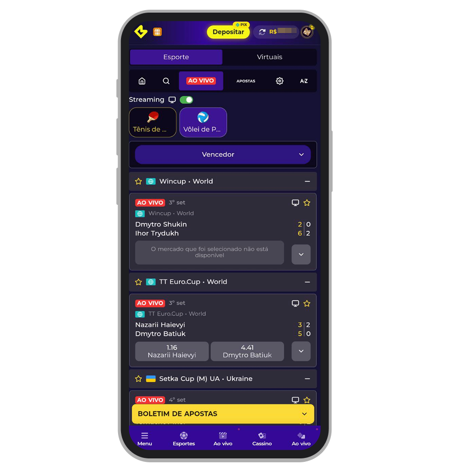 Transmissões ao vivo disponíveis no aplicativo