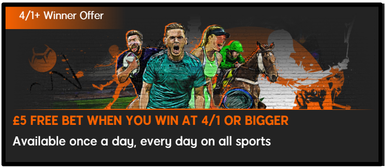 Winning bets at odds of 4/1 or more get £5 of Free bet stakes credited on bet settlement as a bonus