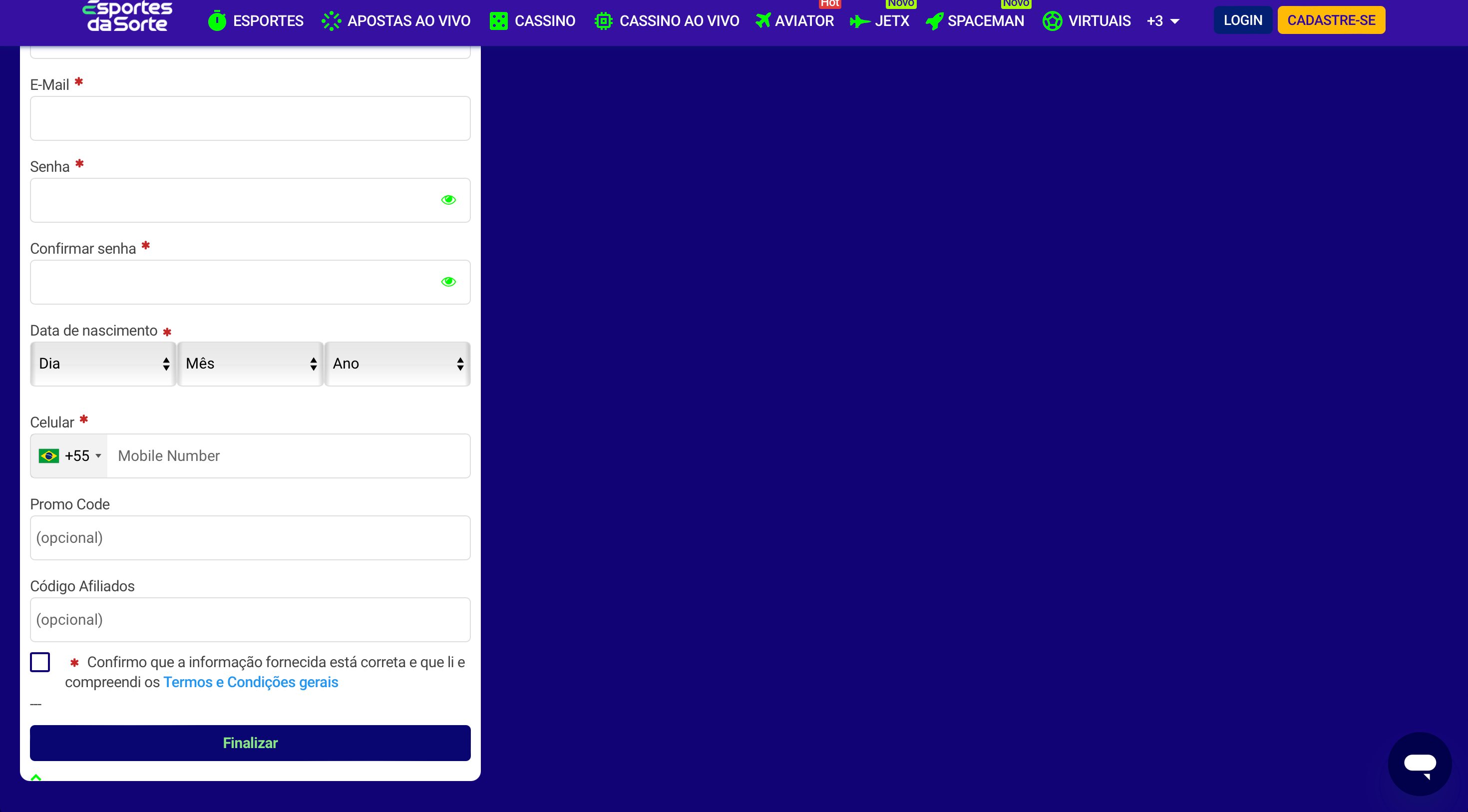 Preencha as informações de contato e finalize o cadastro