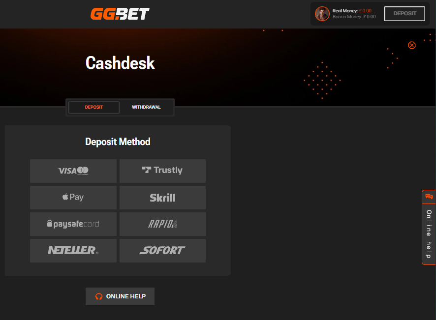 GGBET deposit and withdrawal page
