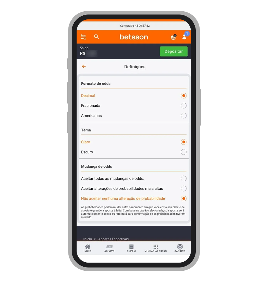 Personalização de tema no aplicativo da Betsson