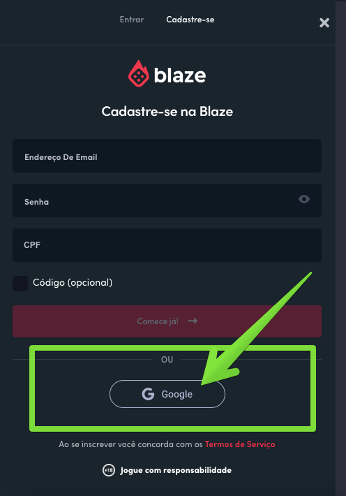 Você pode utilizar a opção ‘Google’ para se inscrever