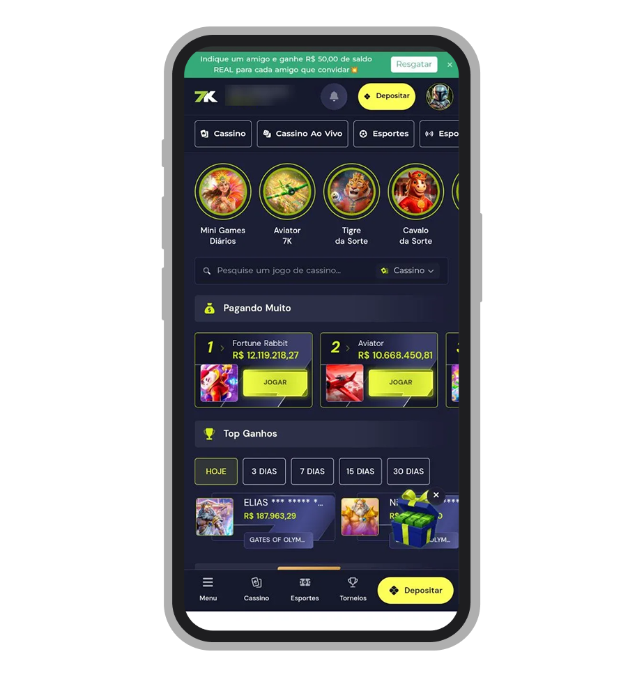 Acesse o menu principaldo app da 7K.bet