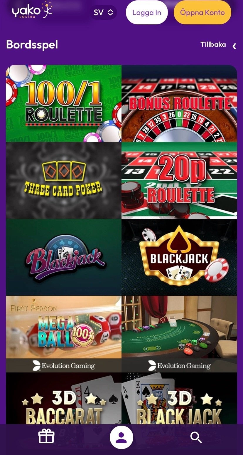 Yako Casino bordsspel (mobil)