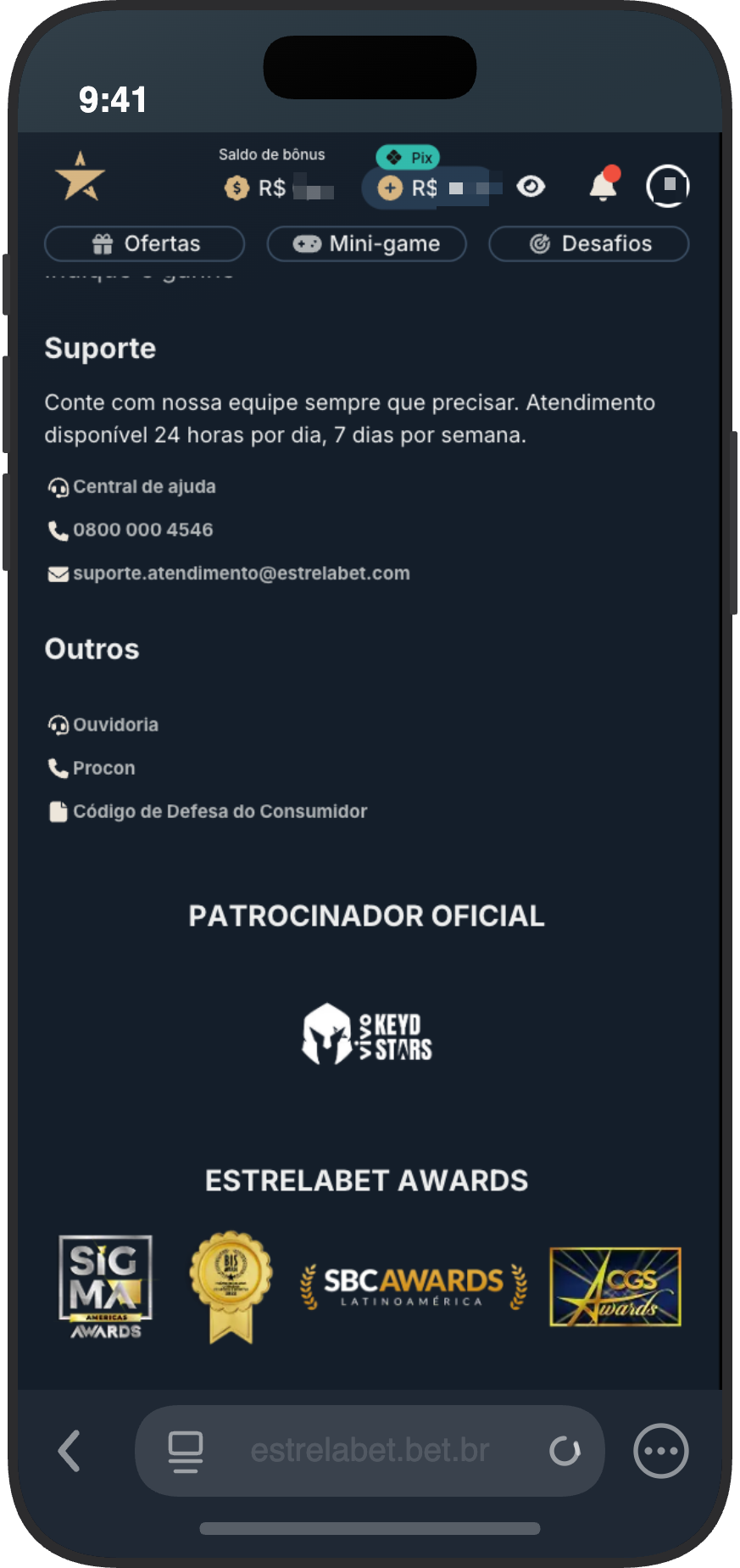 Página de suporte da EstrelaBet com chat, telefone 0800 e patrocinador oficial