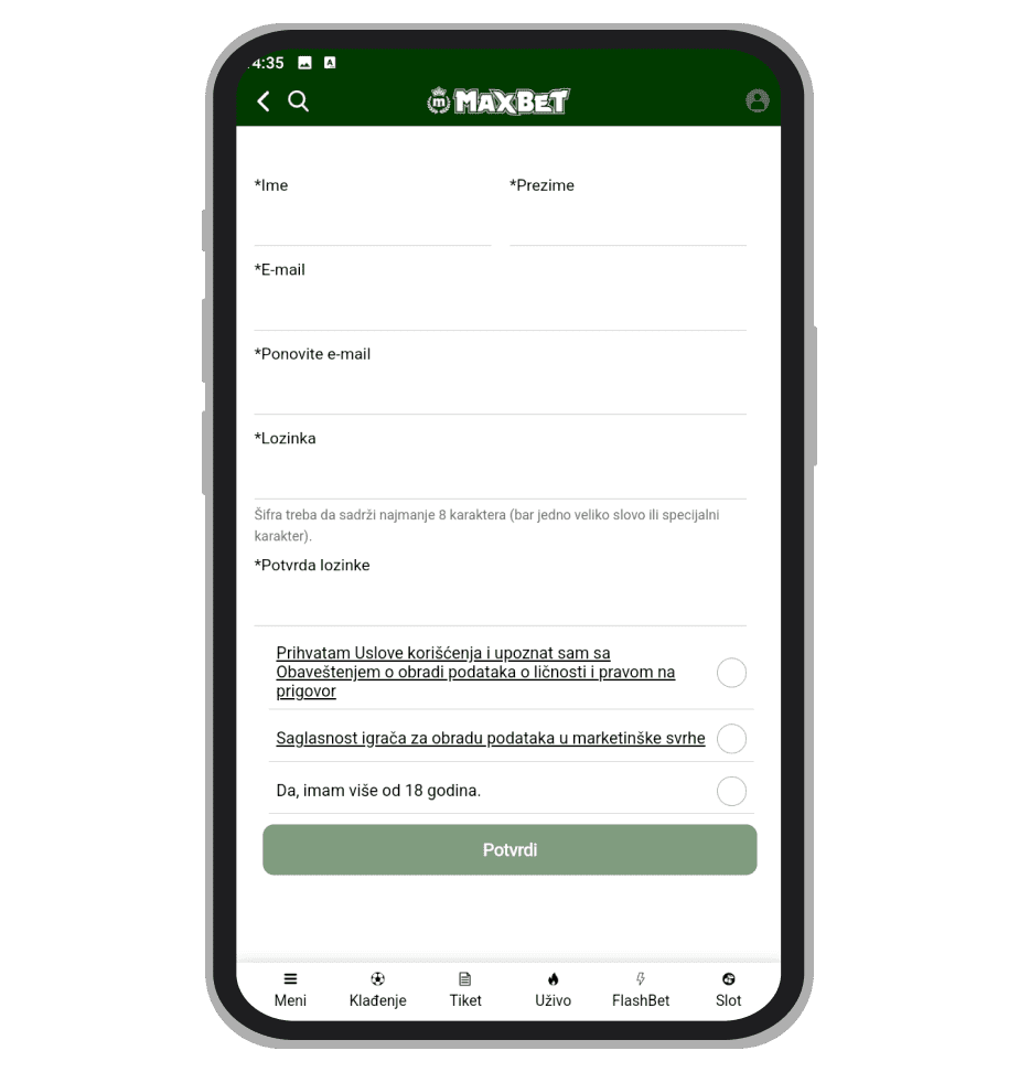 MaxBet.rs glavna stranica aplikacije