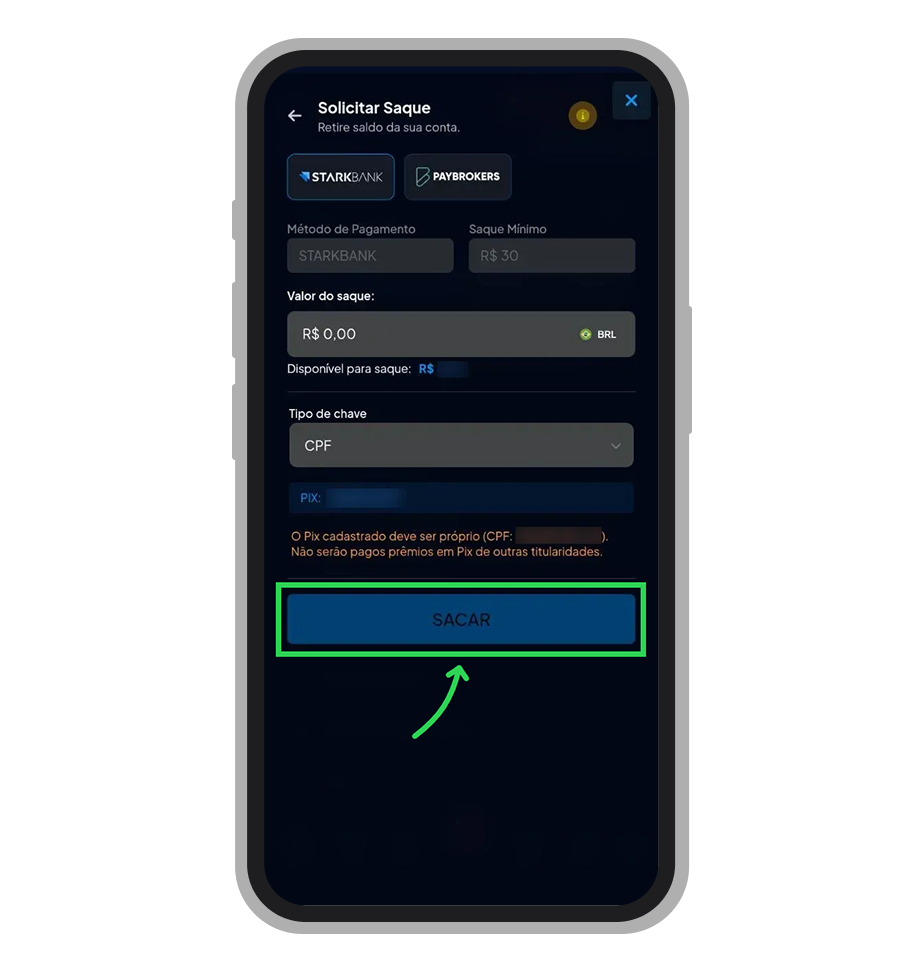 Tela de solicitação de saque no app Apostatudo com pagamento via Pix e seleção de chave 