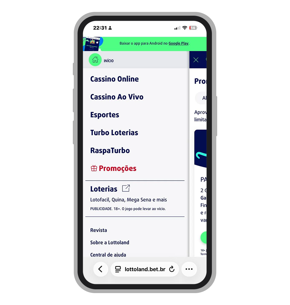 Menu lateral de navegação no site da Lottoland