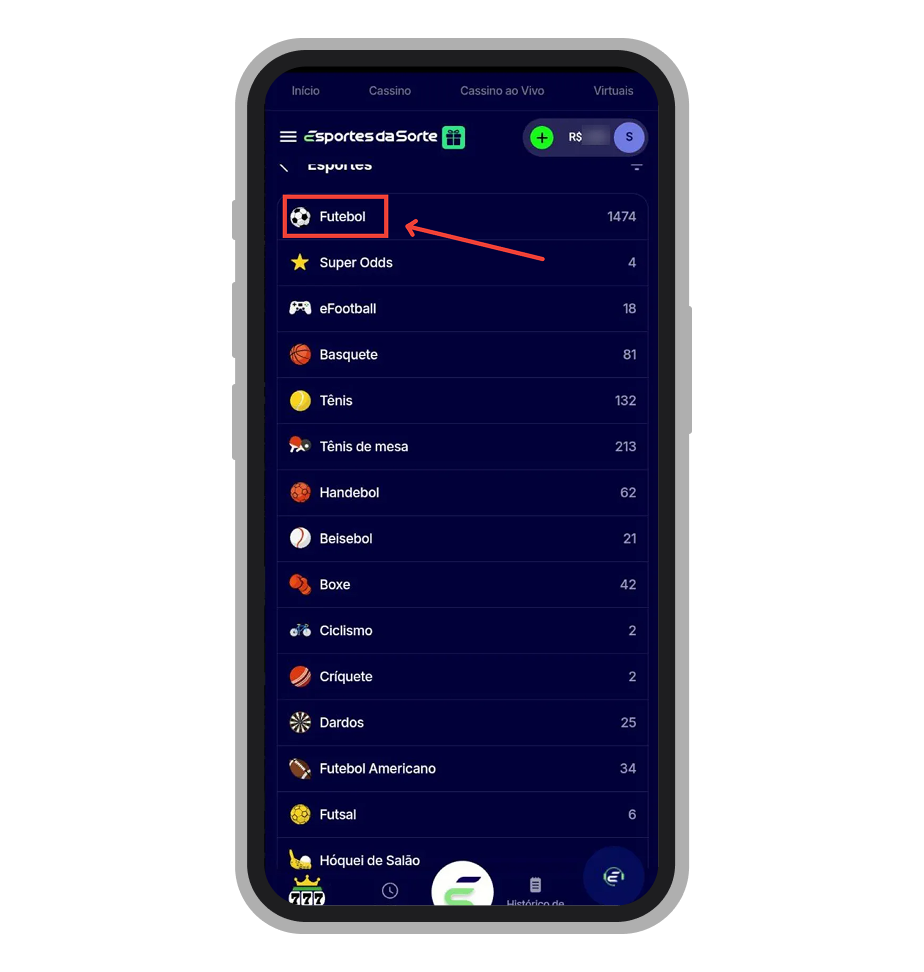 Interface de apostas esportivas no app Esportes da Sorte