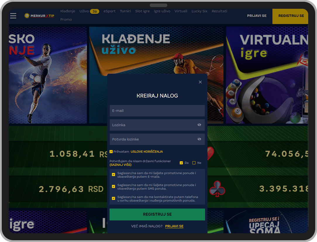 Registracija naloga na MerkurXtip