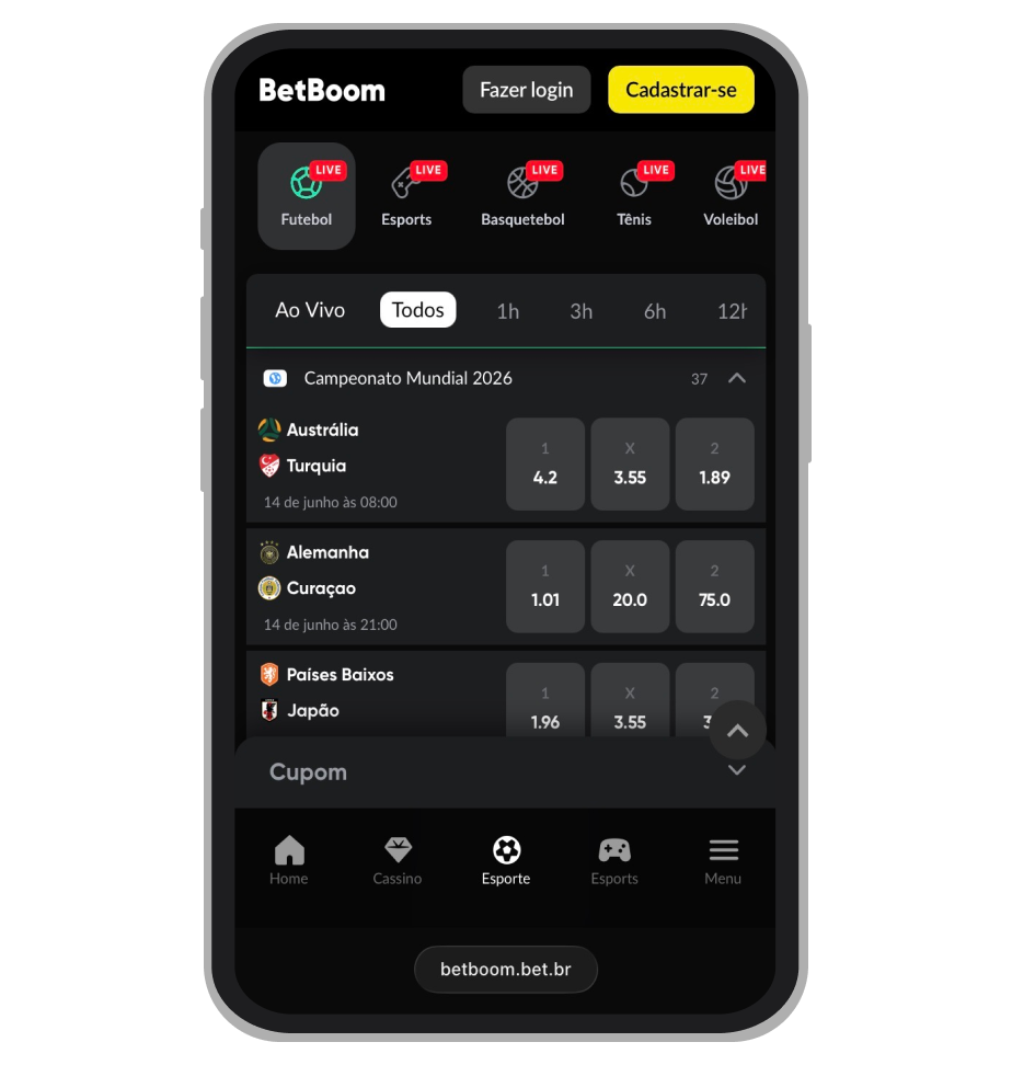 Apostas em seleções no menu da BetBoom