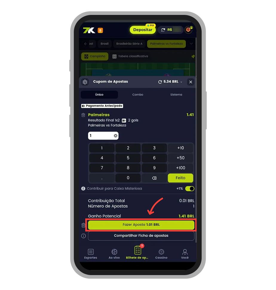 Defina o valor de aposta e toque em “Fazer Aposta” 