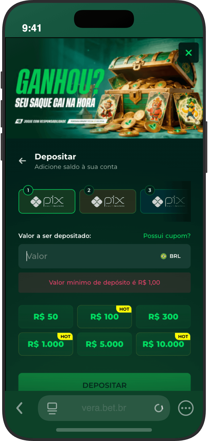 Tela de depósito via Pix da Vera.bet com valor mínimo de R$ 1 e valores sugeridos de R$ 50 a R$ 10.000