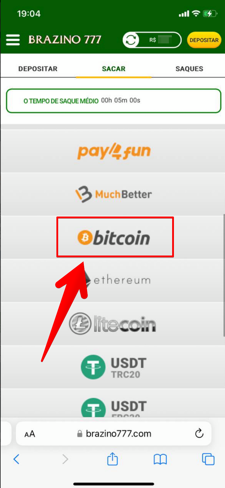 Escolhe o bitcoin como o método de saque. 