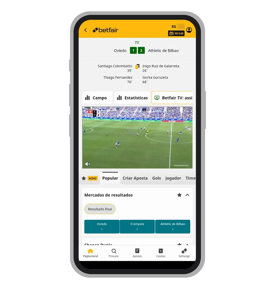A transmissão ao vivo no app da Betfair