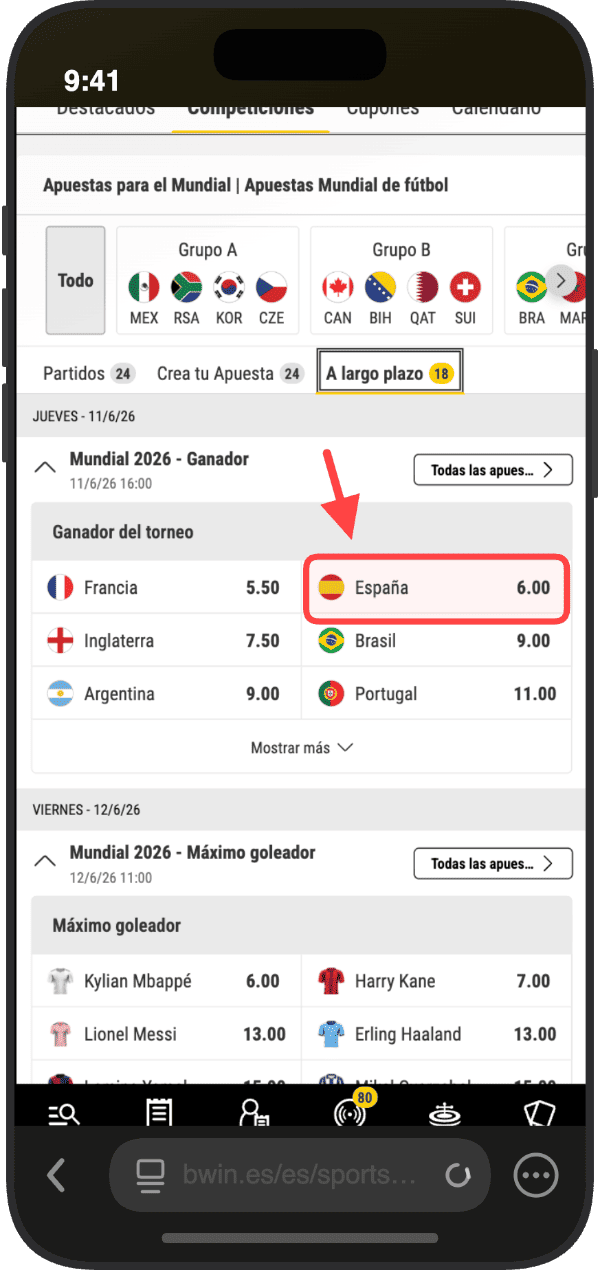 Pestaña A largo plazo del Mundial 2026 en Bwin con el mercado Ganador del torneo y Máximo goleador y cuota de España a 6.00