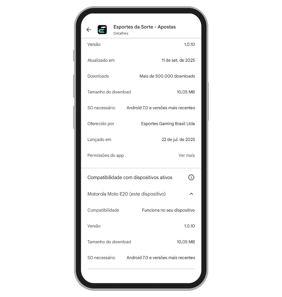 A descrição do app Esportes da Sorte 