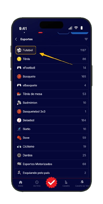 Toque em Futebol no menu de Esportes da HiperBet
