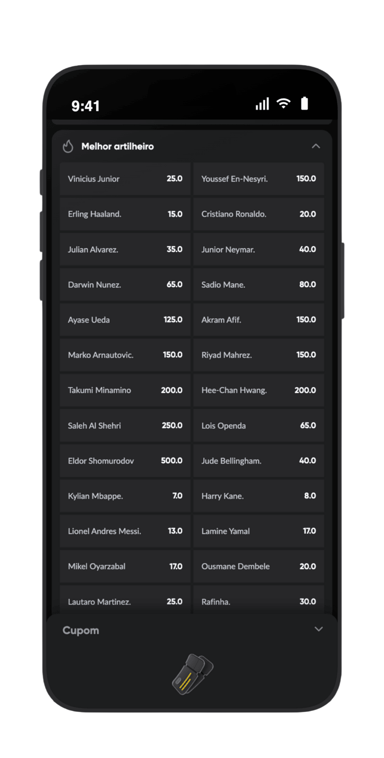 Toque em «Artilheiro» na BetBoom para ver as odds dos candidatos a artilheiro da Copa do Mundo 2026