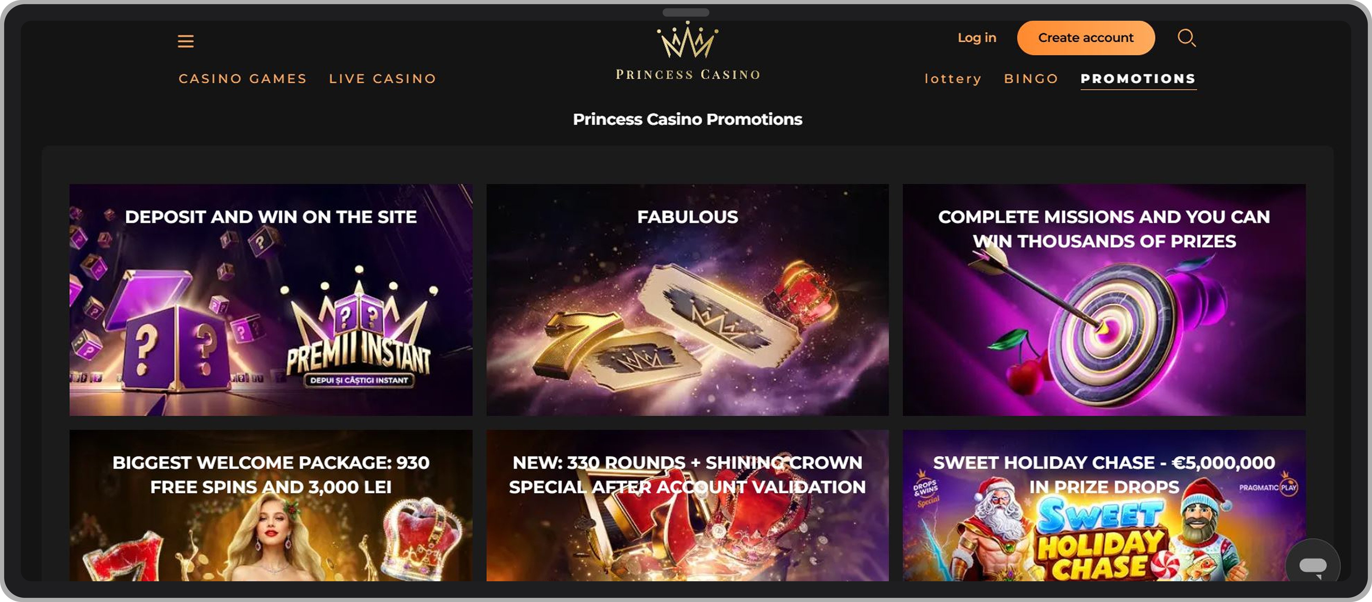 Pagina de promoții Princess Casino