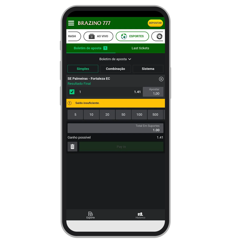 Digite o valor de aposta e toque em “Play In”