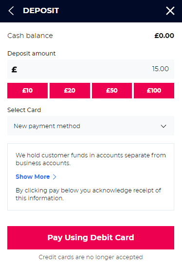Planet Sport Bet deposit using debit card page