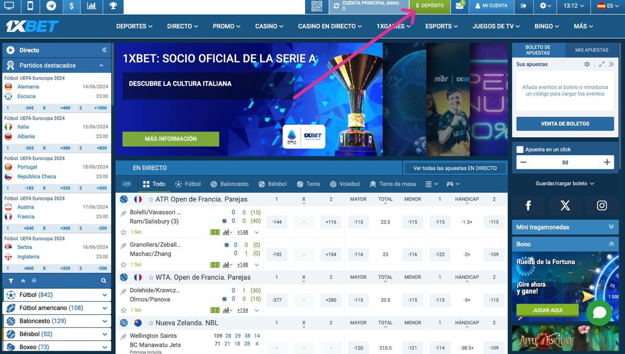 Apartado Depósito en 1xBet