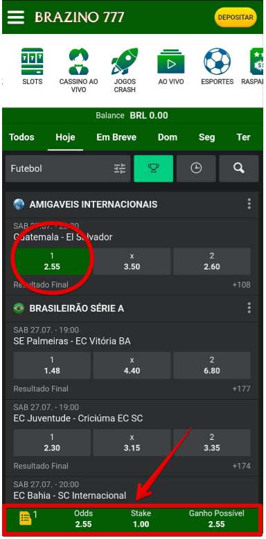 Aposta nos esportes realizada pelo aplicativo móvel para Android