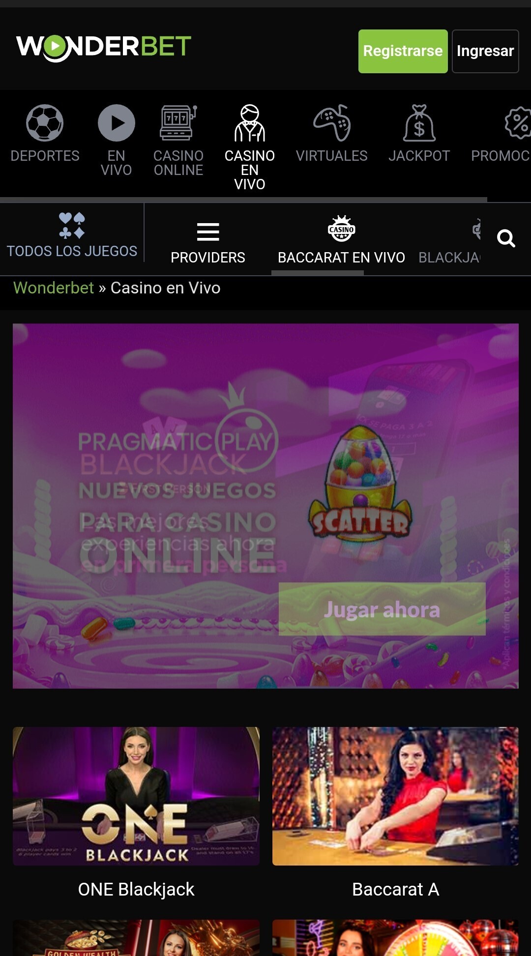 Página casino en vivo