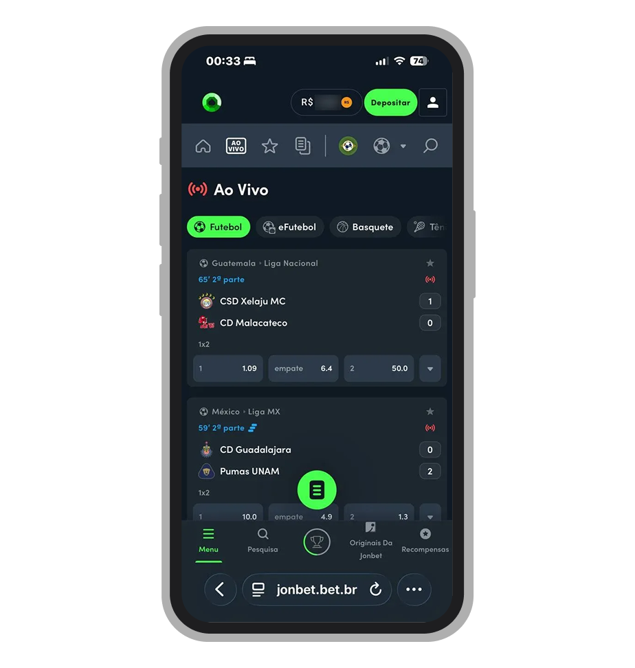 Seção de apostas ao vivo da Jonbet