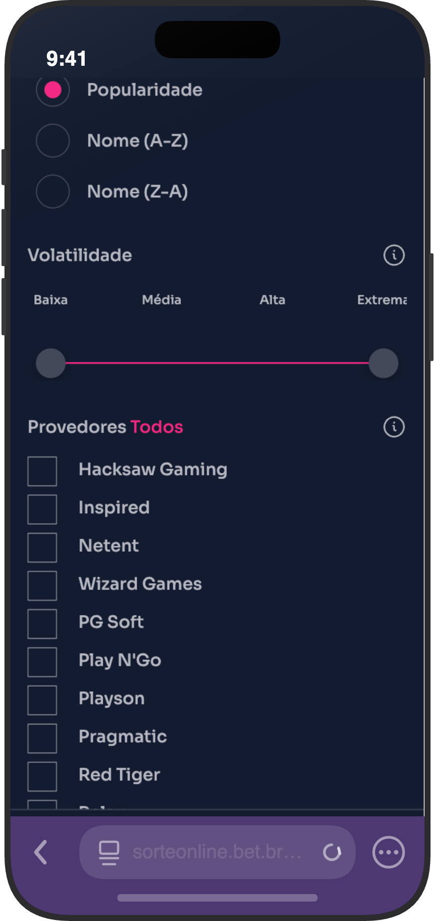 Filtro de slots do cassino Sorte Online com ordenação por popularidade, volatilidade e provedores 
