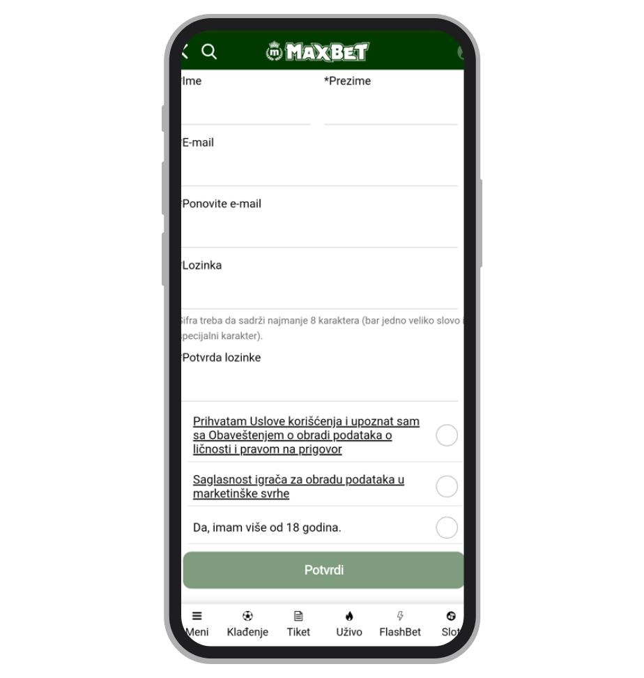 Maxbet formular za registraciju