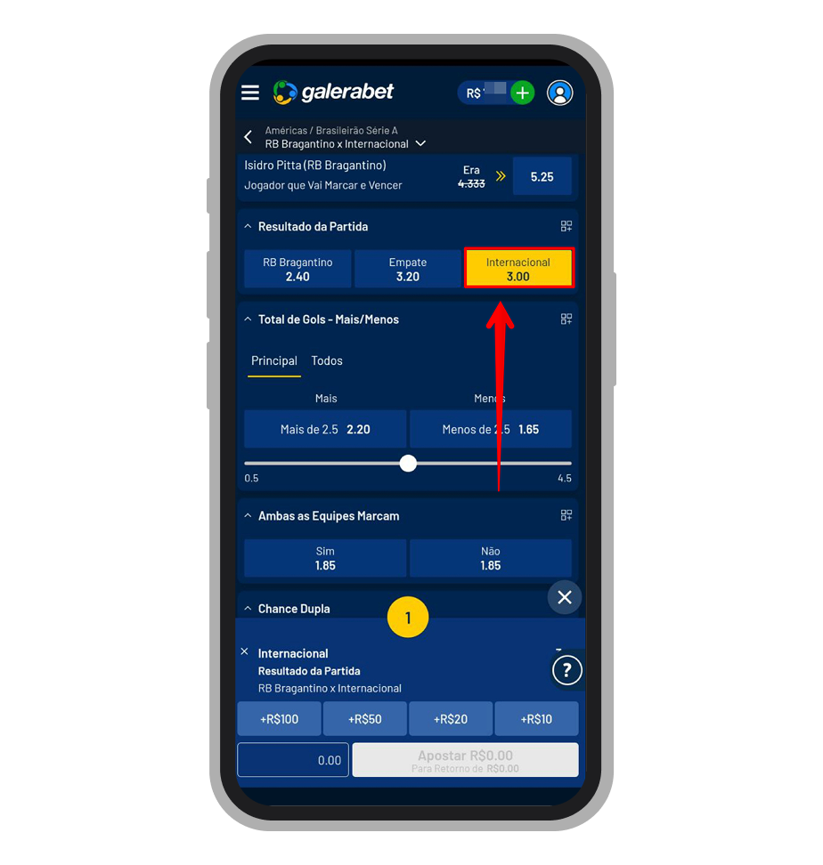 No evento em que apostar toque em odd de resultado em que quer apostar