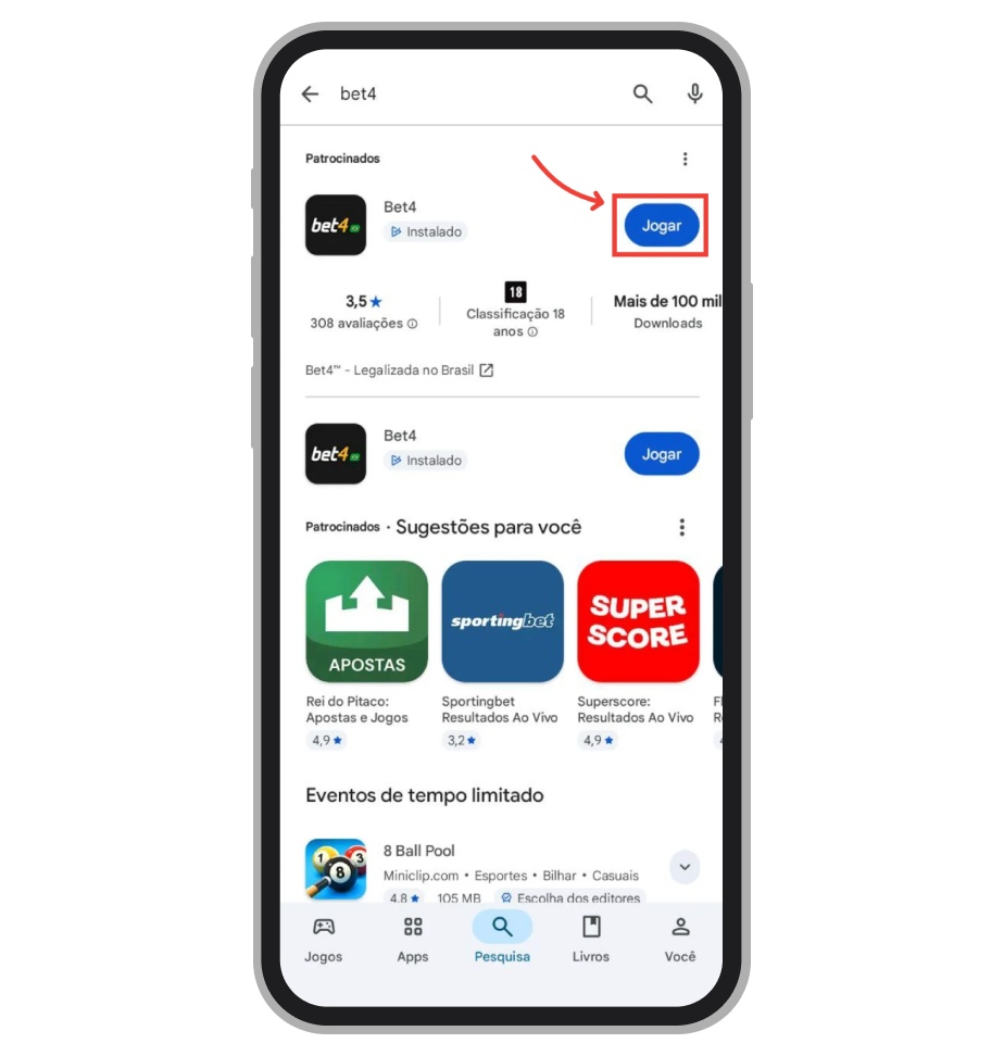 Selecione "Jogar" para abrir o app 