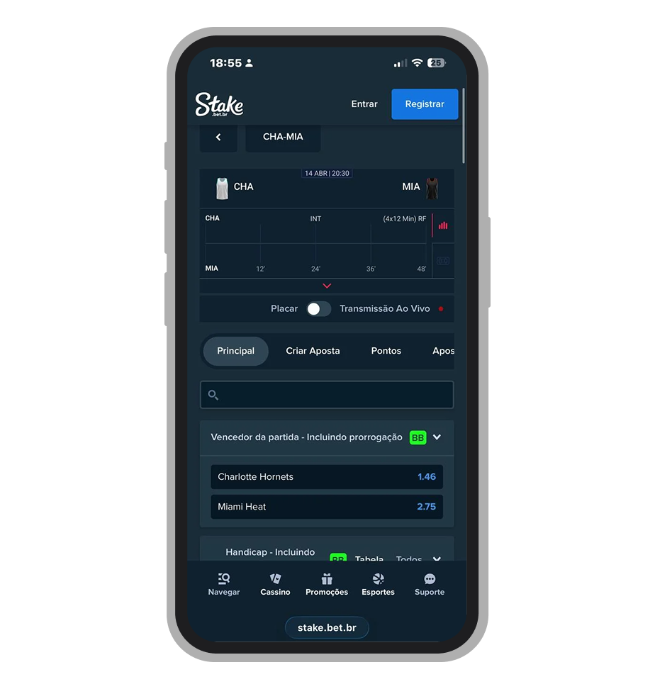 Mercados ao vivo da NBA na Stake, incluindo handicap e total de pontos