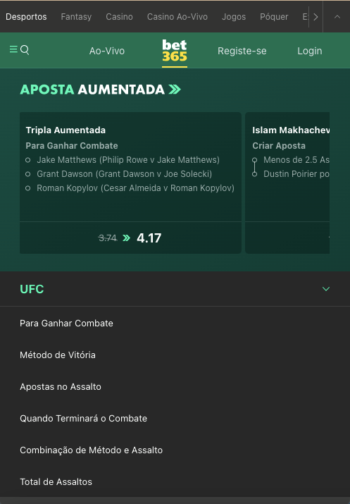 Página de palpites e ofertas da Bet365