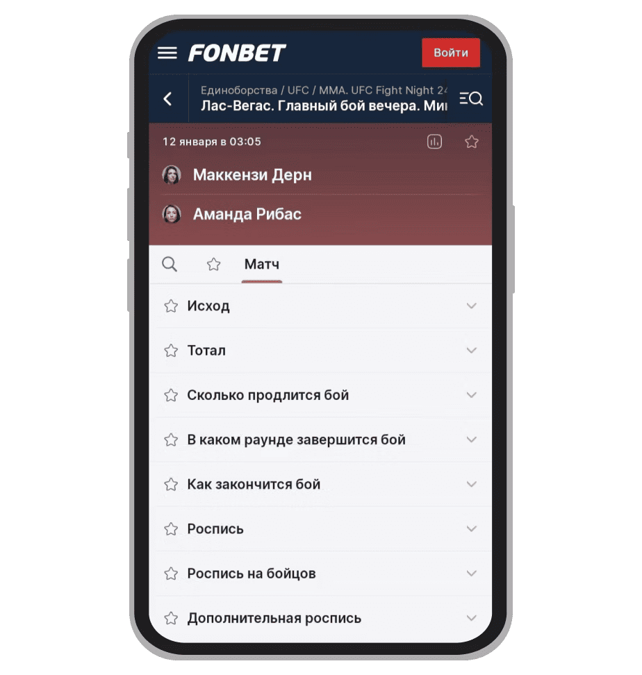 Пример росписи главного боя в Fonbet