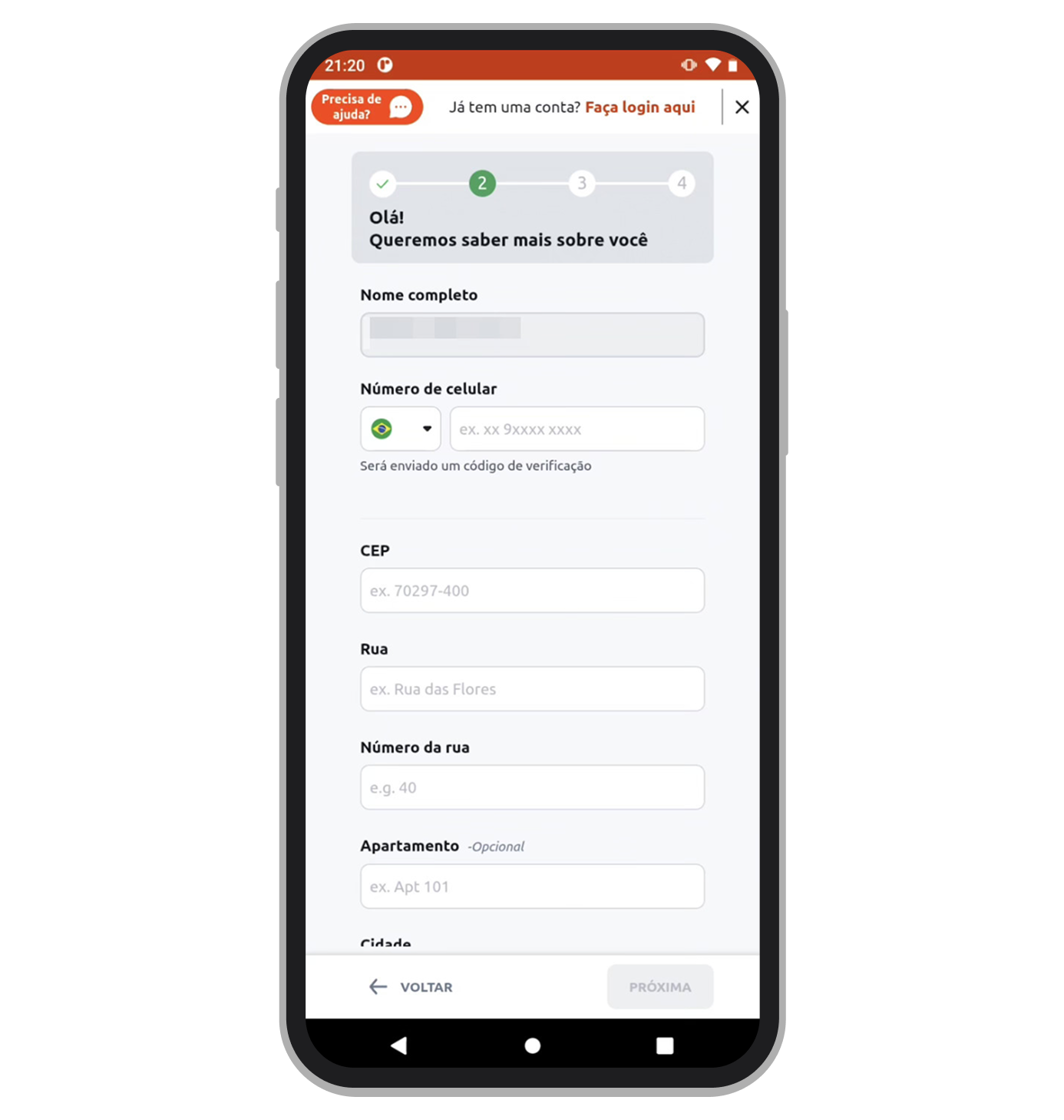 No proximo passo informe o seu celular e endereço 